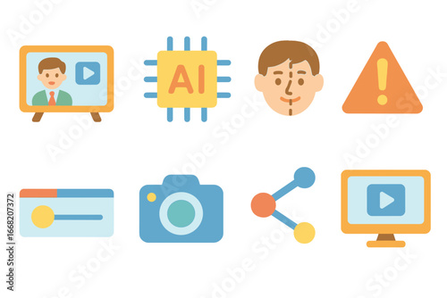 Child-Friendly Deepfake Icons. Flat vector mini-illustrations Deepfake impact on media in colors children's