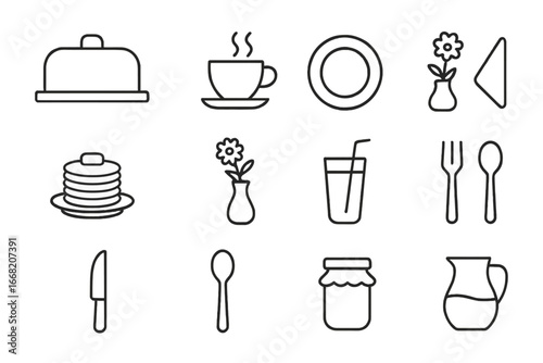 Breakfast Icon Set. Outline icon set of serving breakfast in style: tray, coffee cup, plate, napkin, pancake
