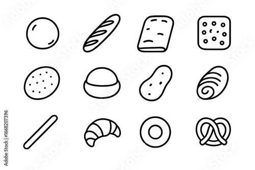 Bread Icons Collection. Outline icon set of bread and dough types: pizza dough ball, baguette, ciabatta,