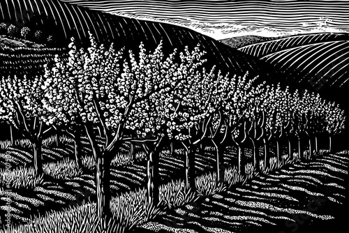 Peach blossom trees on hillside vineyard, seasonal harmony between flowers and grapevines in elegant black and white sketch.