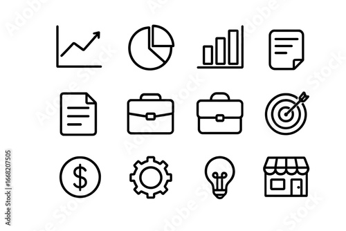 Business Analytics Icons. Outline icon set of small business analytics: chart, pie chart, bar graph,