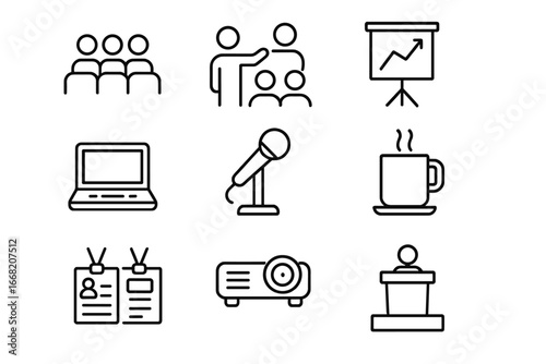 Business Seminar Icons. Outline icon set of business seminar scenes: audience, presenter, flip chart, laptop,