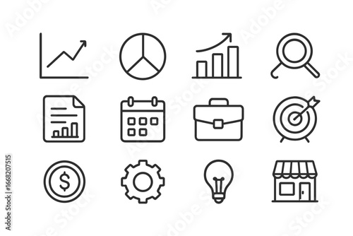Business Analytics Icons. Outline icon set of small business analytics: chart, pie chart, bar graph,