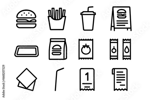 Burger Restaurant Icons. Outline icon set of burger restaurant service: burger, fries, soda cup, menu board,
