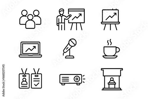 Business Seminar Icons. Outline icon set of business seminar scenes: audience, presenter, flip chart, laptop,