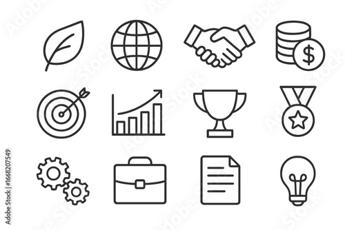 Business Sustainability Icons. Outline icon set of long-term business sustainability: leaf, globe, handshake,