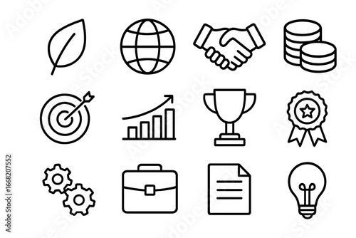 Business Sustainability Icons. Outline icon set of long-term business sustainability: leaf, globe, handshake,