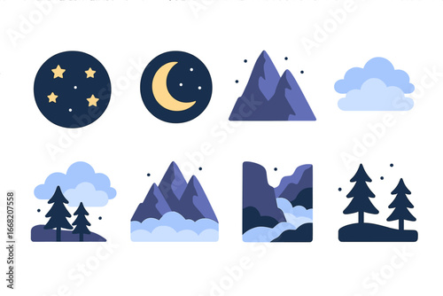 Children's Starry Nightscape. Flat vector mini-illustrations Night sky over mountain range in colors