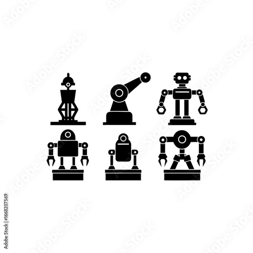 6 different robotic assembly station silhouette ve