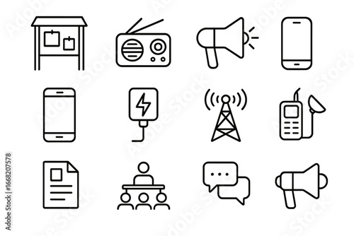 Camp Communication Icons. Outline icon set of communication in camps: notice board, radio, loudspeaker, mobile