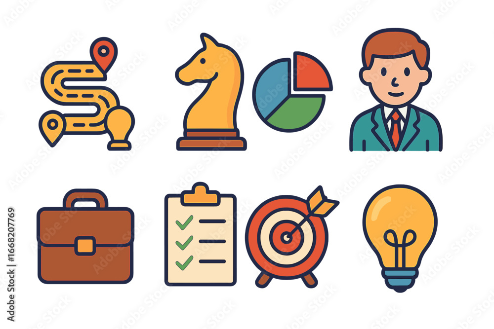 Fototapeta premium Consulting Icons Grid. Flat vector mini-illustrations Strategy consulting in colors children's illustrations: