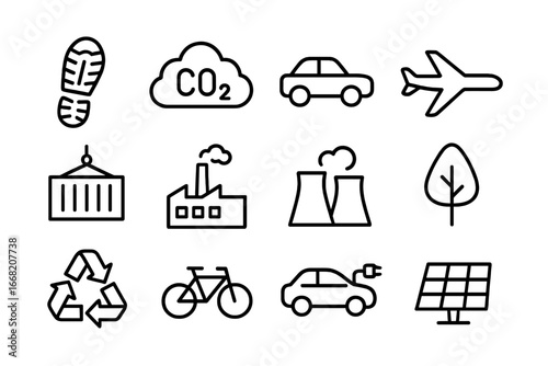 Carbon Footprint Icons. Outline icon set of carbon footprint: shoe print, CO2 cloud, car exhaust, airplane,