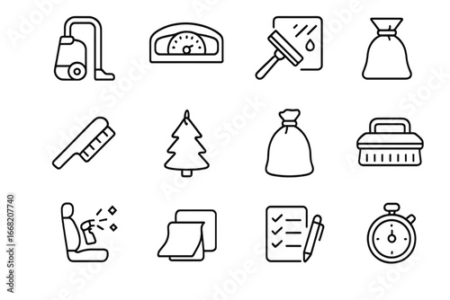 Car Wash Icons. Outline icon set of Car wash interior services: vacuum cleaner, dashboard, window cleaner,