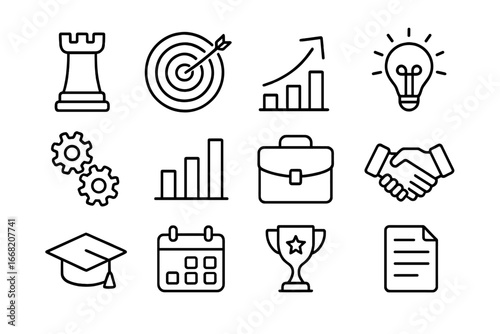 Career Advancement Icons. Outline icon set of career advancement strategies: chess piece, target, upward arrow