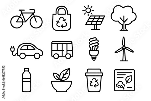 Carbon Reduction Icons. Outline icon set of carbon footprint reduction: bicycle, reusable bag, solar panel,