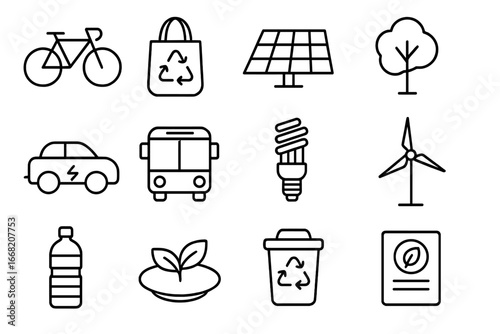 Carbon Reduction Icons. Outline icon set of carbon footprint reduction: bicycle, reusable bag, solar panel,