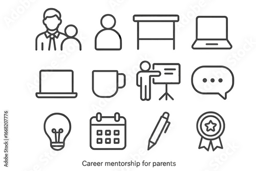 Career Mentorship Icons. Outline icon set of career mentorship for parents: mentor figure, student figure,