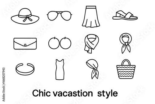 Chic Vacation Icons. Outline icon set of chic vacation style: floppy hat, aviator sunglasses, maxi skirt,