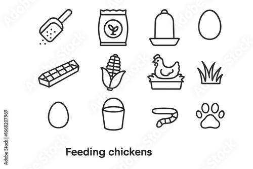 Chicken Feeding Icons. Outline icon set of feeding chickens: grain scoop, seed bag, waterer, feeder tray, corn