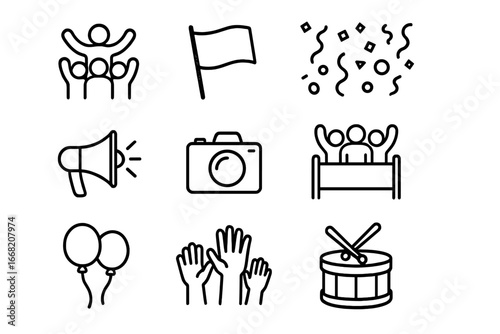 Cheering Crowd Icons. Outline icon set of cheering crowd at sports event: fans, flags, confetti, megaphone,