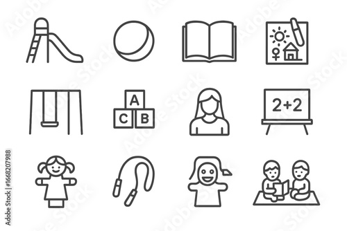 Child-Friendly Icon Set. Outline icon set of child-friendly spaces: playground slide, ball, book, drawing pad,