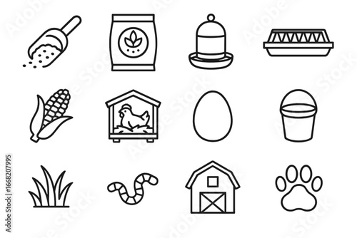 Chicken Feeding Icons. Outline icon set of feeding chickens: grain scoop, seed bag, waterer, feeder tray, corn