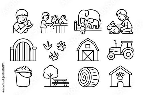 Children's Farm Icons. Outline icon set of children at animal farms and zoos: child holding chick, feeding