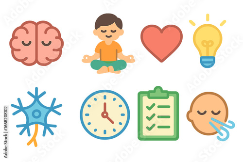 Mindfulness Icons Grid. Flat vector mini-illustrations Mindfulness for brain recovery in colors children's