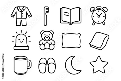 Children's Bedtime Icons. Outline icon set of children’s bedtime routine: pajamas, toothbrush, storybook,