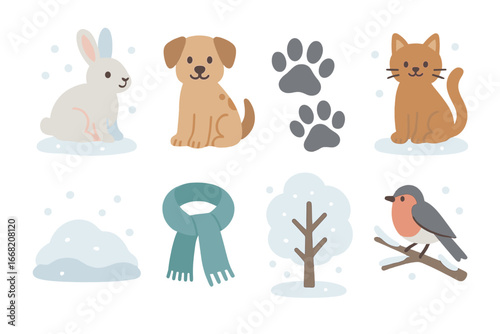 Winter Wildlife Icons. Flat vector mini-illustrations Wildlife and pets in winter in colors children's