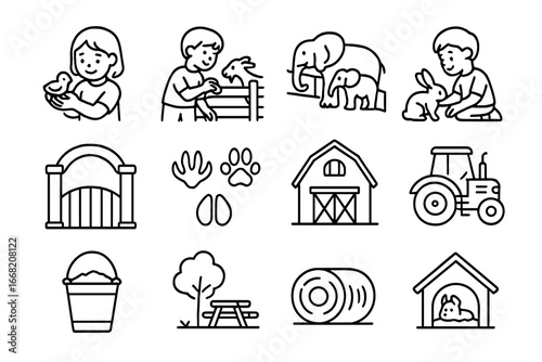 Children's Farm Icons. Outline icon set of children at animal farms and zoos: child holding chick, feeding