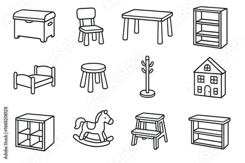 Children's Furniture Icons. Outline icon set of children’s painted wooden furniture: toy chest, small chair,