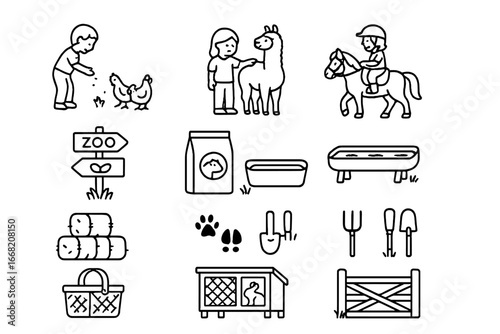 Children's Farm Icons. Outline icon set of children at farms and zoos enjoying animals: child feeding chickens