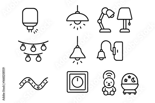 Children's Room Lighting Icons. Outline icon set of children’s room lighting: night light, ceiling fixture,