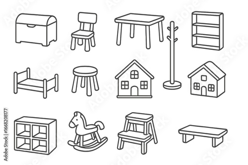 Children's Furniture Icons. Outline icon set of children’s painted wooden furniture: toy chest, small chair,