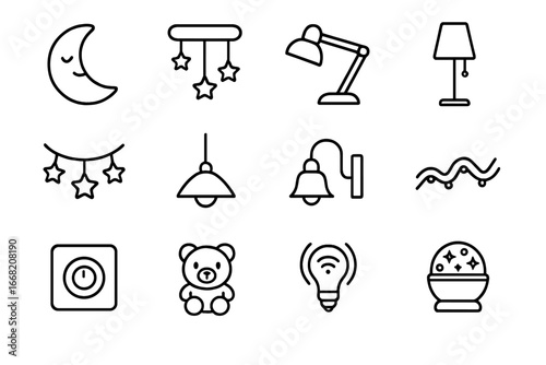 Children's Room Lighting Icons. Outline icon set of children’s room lighting: night light, ceiling fixture,