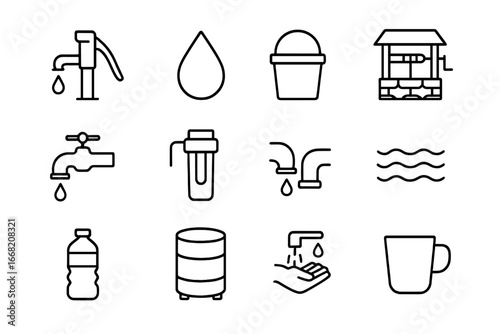 Clean Water Icons. Outline icon set of clean water projects: water pump, droplet, bucket, well, faucet, filter