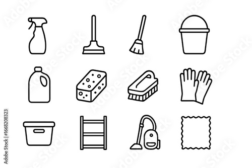 Cleaning Icons Overview. Outline icon set of seasonal cleaning product organization: spray bottle, mop, broom,