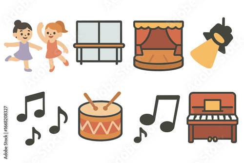 Children's Dance Icons. Flat vector mini-illustrations Choreography session in colors children's illustrations