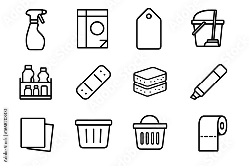 Cleaning Supply Icons. Outline icon set of cleaning supply labeling: spray bottle, detergent box, label