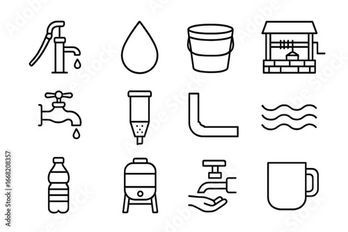 Clean Water Icons. Outline icon set of clean water projects: water pump, droplet, bucket, well, faucet, filter