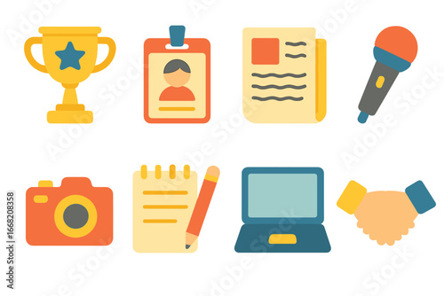 Journalism Icons Grid. Flat vector mini-illustrations Journalism awards and recognition in colors children's