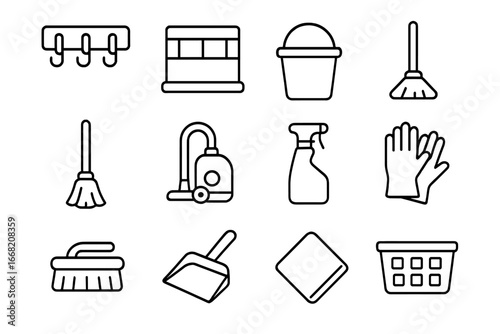 Cleaning Tools Icons. Outline icon set of cleaning tool storage: wall hooks, storage rack, bucket, broom, mop,