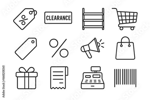 Clearance Sale Icons. Outline icon set of clearance sales: discount tag, clearance banner, empty shelf,