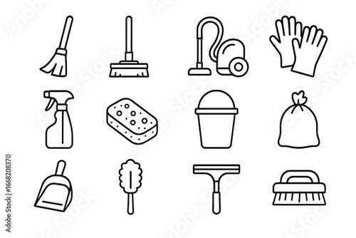 Cleaning Tools Icons. Outline icon set of cleaning before moving in: broom, mop, vacuum cleaner, dustpan,