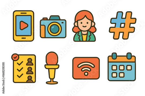 Event Icons Grid. Flat vector mini-illustrations Social media coverage of events in colors children's