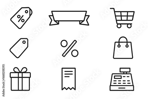 Clearance Sale Icons. Outline icon set of clearance sales: discount tag, clearance banner, empty shelf,