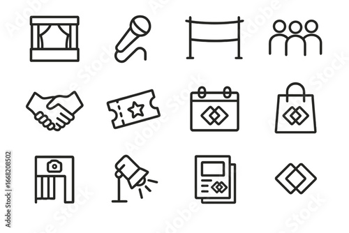 Co-Branded Event Icons. Outline icon set of co-branded events: stage, microphone, banner, crowd, handshake,