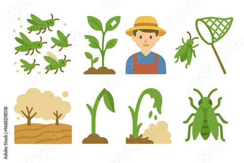 Locust Swarm Chaos. Flat vector mini-illustrations Locust swarm damage in colors children's illustrations: