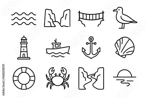 Coastal Icon Collection. Outline icon set of coastal rope bridges: ocean waves, rocky cliffs, rope bridge,